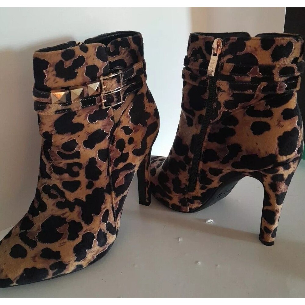 IDIFU Leopard Print Suede Ankle Boots Stiletto Heel New Size 7.5 Gold Accents